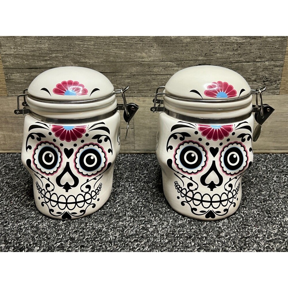 Day of the Dead Sugar Skull Ceramic Skull Ceramic Hinged Canister Cookie Jar Set